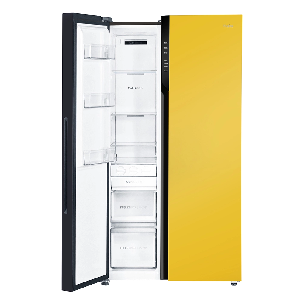 Haier Vogue Series 602L , Black Yello w Glass Finish 2 Door Side by side Convertible Refrigerator HRS-682KYG